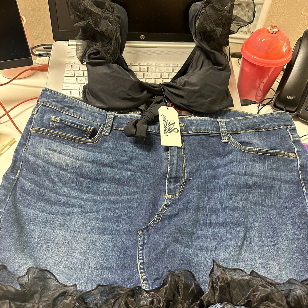 Black and Blue Denim Skirt with Ruffle Detail